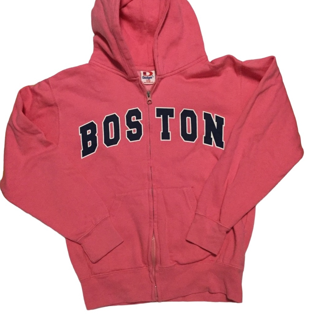 🔥 SALE 3/$20 Dodger HOODED SWEATSHIRT sz Large BOSTON Spellout Full Zip Pink
